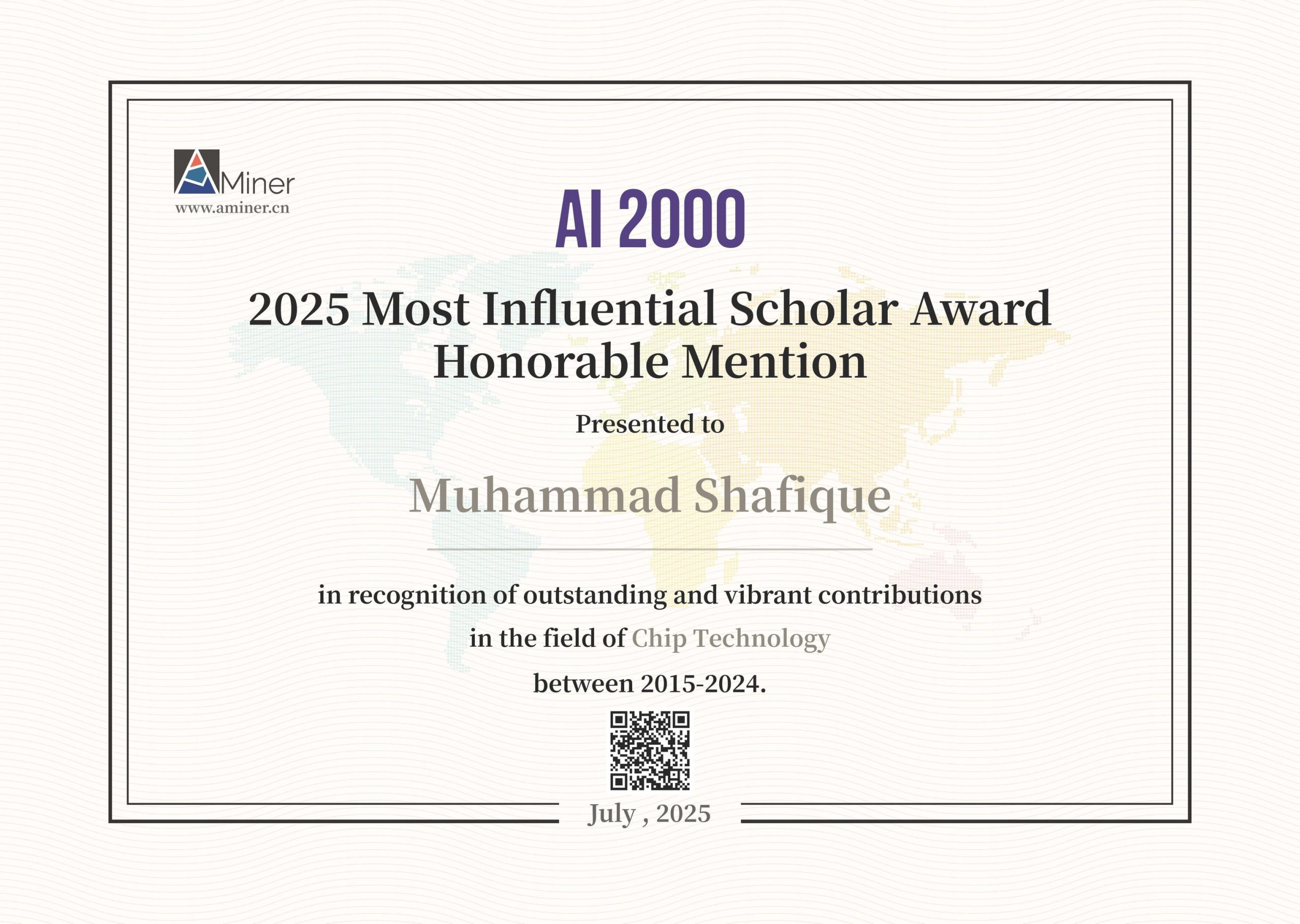 Professor Muhammad Shafique receives the 2025 AI 2000 Honorable Mention in Chip Technology