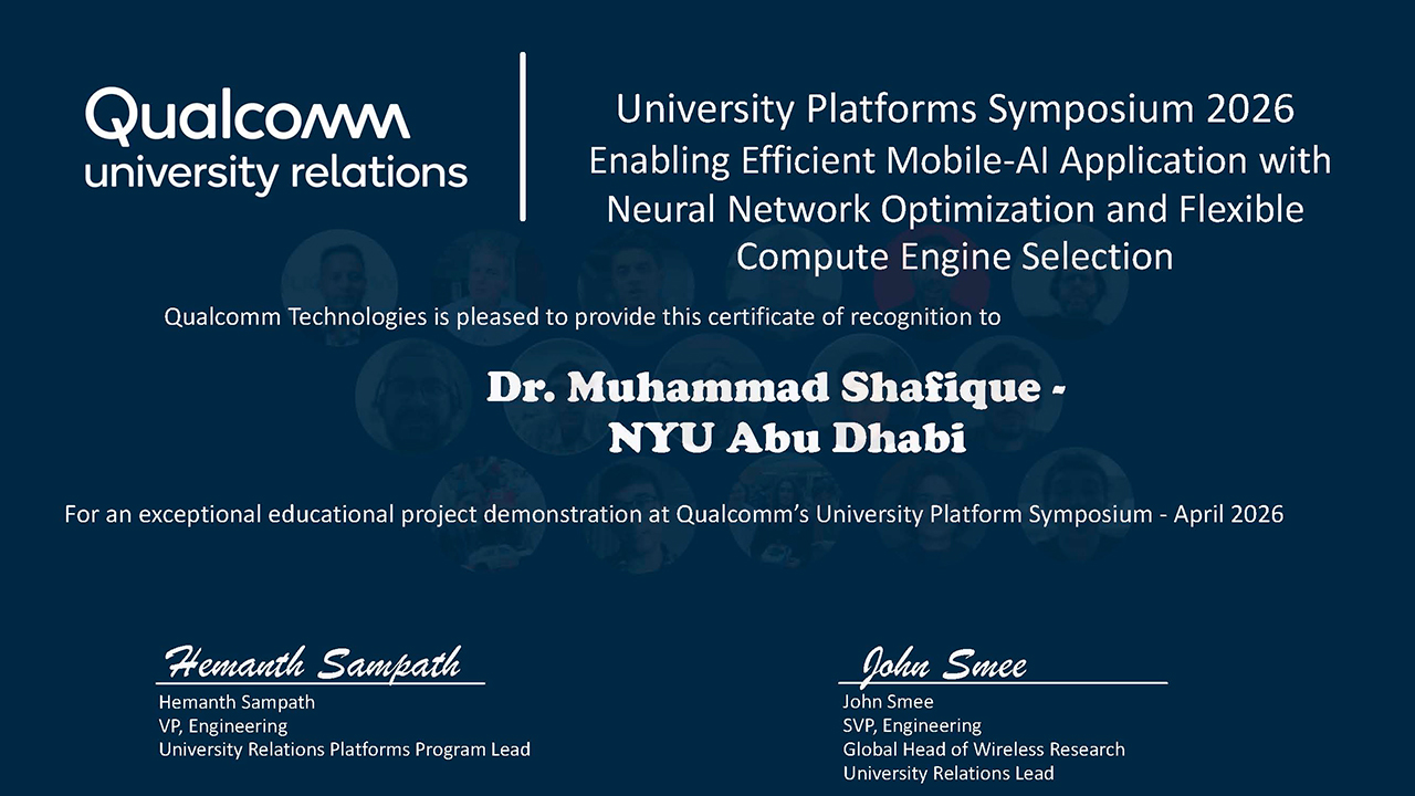 Qualcomm certificate of recognition for Professor Muhammad Shafique