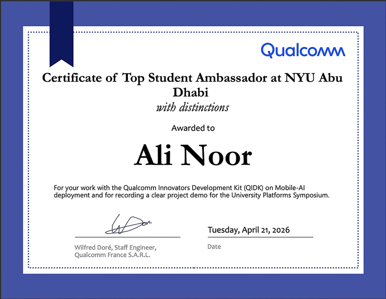 Qualcomm certificate of recognition for Ali Noor