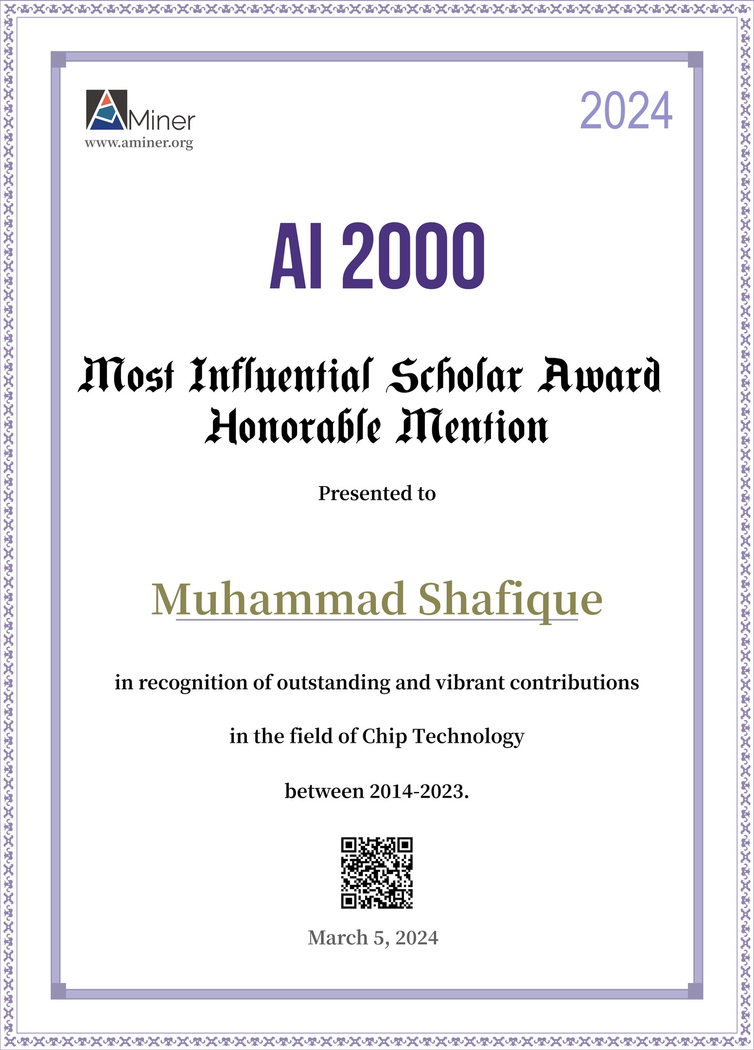 Professor Muhammad Shafique receives 2024 AI 2000 Honorable Mention in Chip Technology